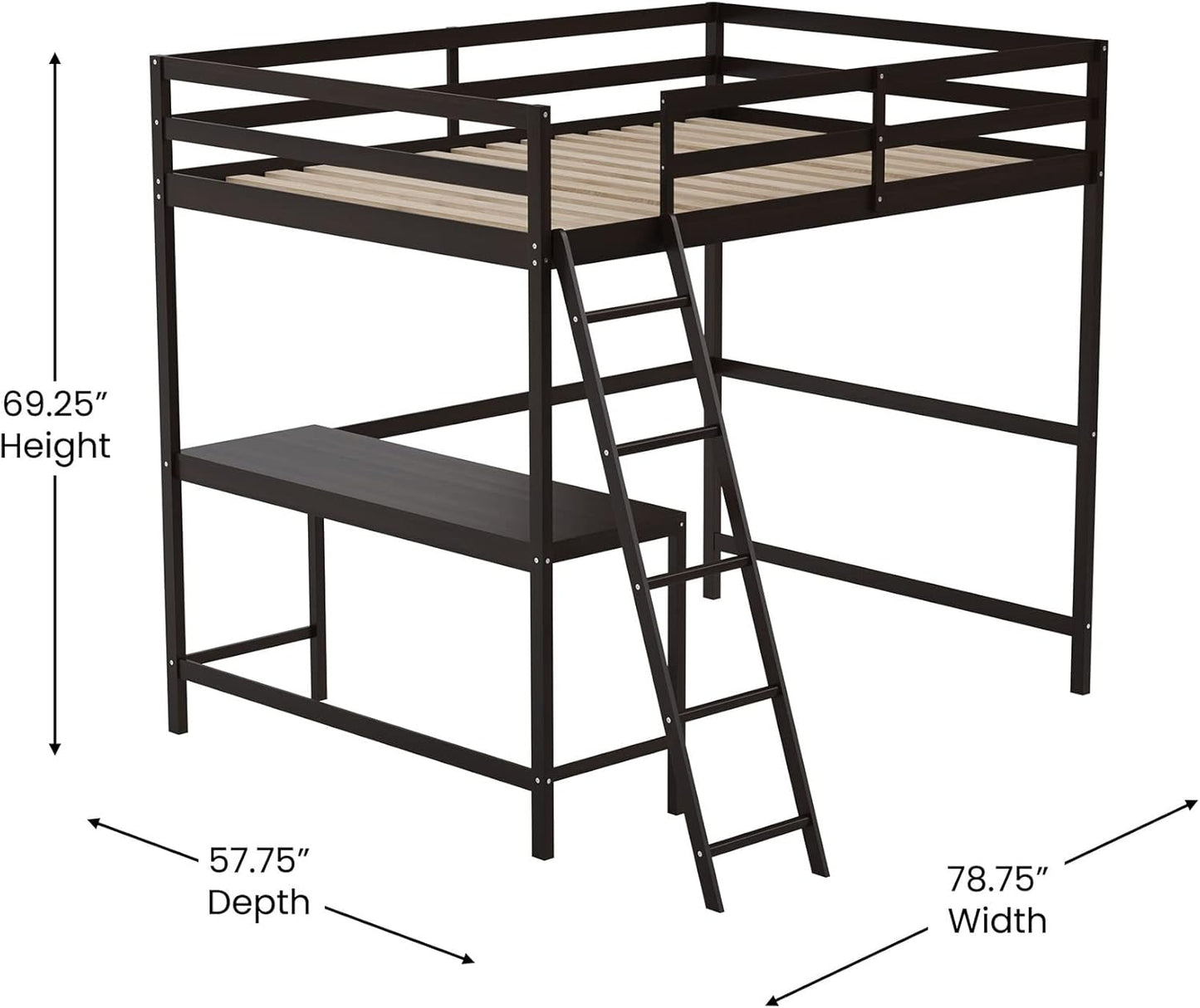 Flash Furniture Riley Loft Bed Frame with Desk - Espresso Wood Slats - Full Size - Protective Guard Rails & Ladder - Kids and Teens - Space Saving Design