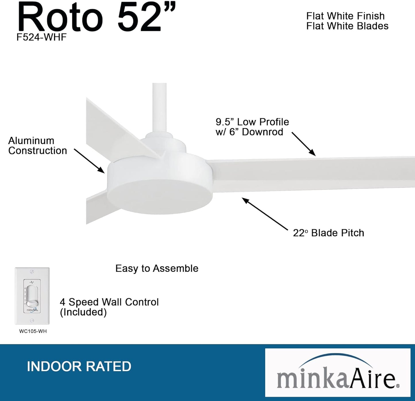Roto Ceiling Fan In Flat White Finish W/Flat White Blades