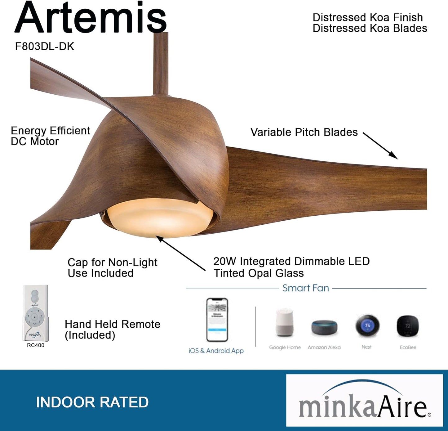MINKA-AIRE 58" Artemis Distressed Koa Modern LED Smart Ceiling Fan
