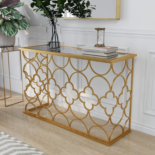 Deco 79 Metal Geometric Quatrefoil Design Console Table with Mirrored Glass Top