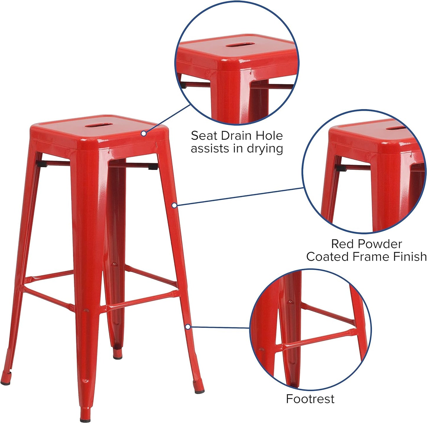 Commercial Grade 30" Backless Metal Indoor/Outdoor Bar Stool with Square Seat - Red,(Set of 2)