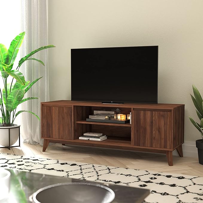 Hatfield Series TV Stand with Adjustable Center Shelf and Dual Soft Close Doors - 60", Dark Walnut