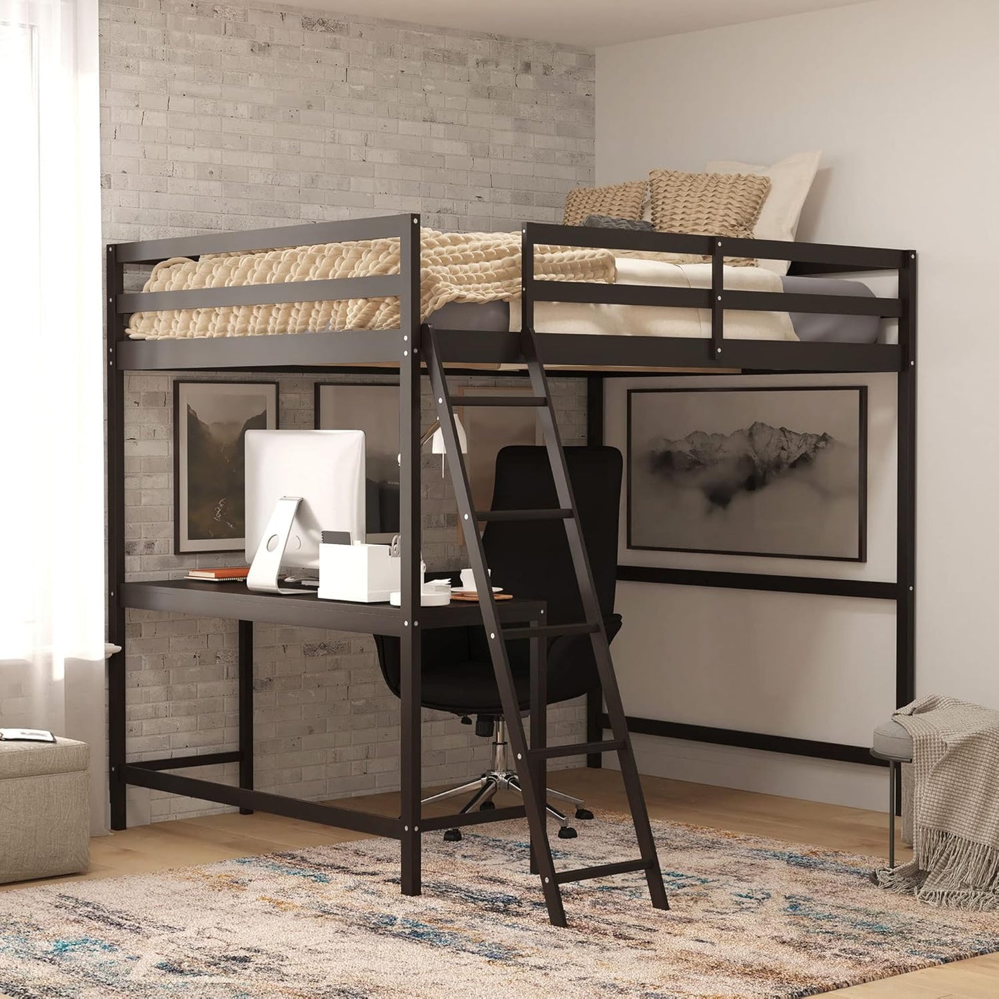 Flash Furniture Riley Loft Bed Frame with Desk - Espresso Wood Slats - Full Size - Protective Guard Rails & Ladder - Kids and Teens - Space Saving Design