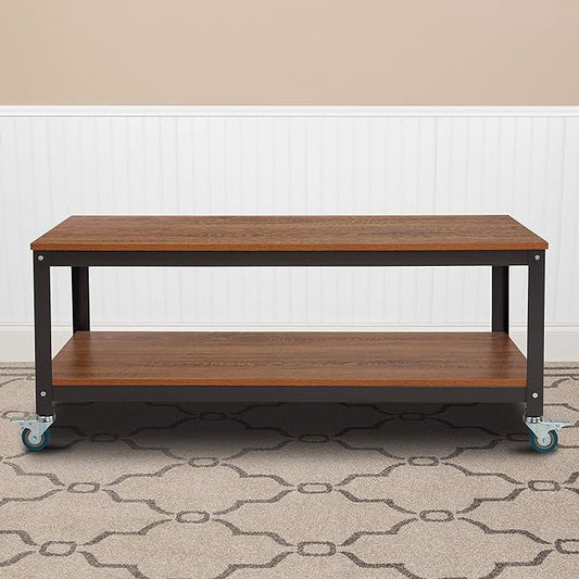 Flash Furniture Livingston Collection TV Stand in Brown Oak Wood Grain Finish with Metal Wheels