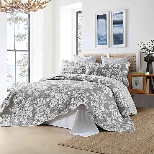 F\Q Soft Quilted Reversible Bedding Set Farmhouse Damask Paisley Floral Comforter Coverlet,All Season
