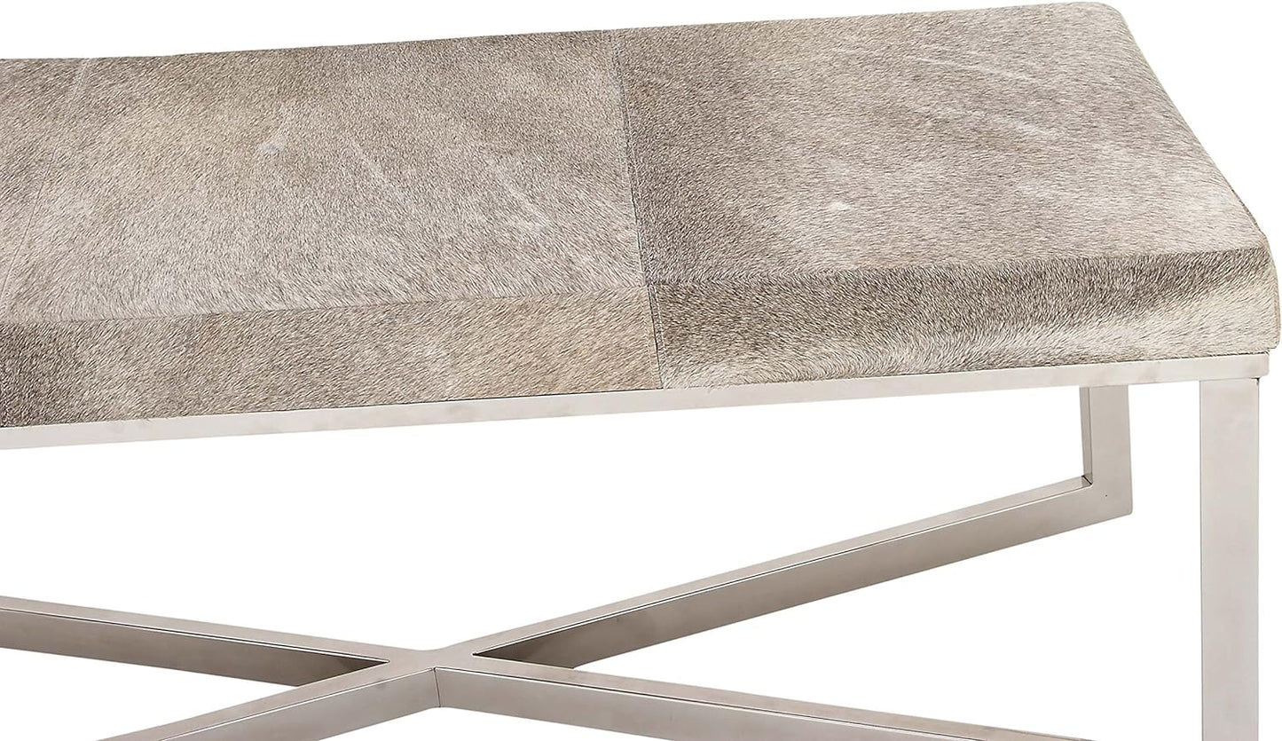 Gray Leather Handmade Cowhide Bench with Silver Metal Base - 49 x 17 x 19