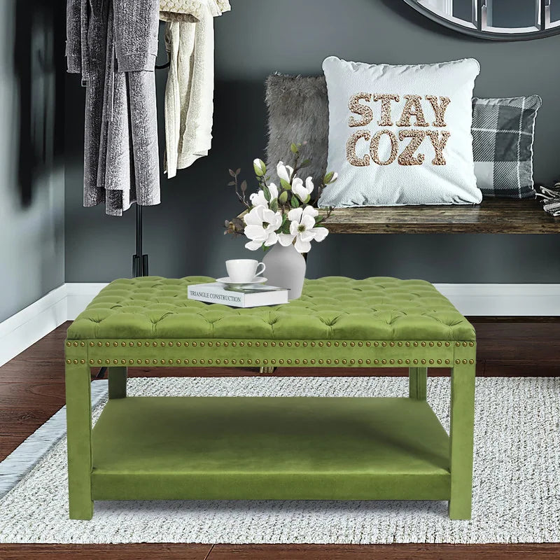 Adeco Large Square Velvet Ottoman Coffee Table Footstool Footrest-GREEN