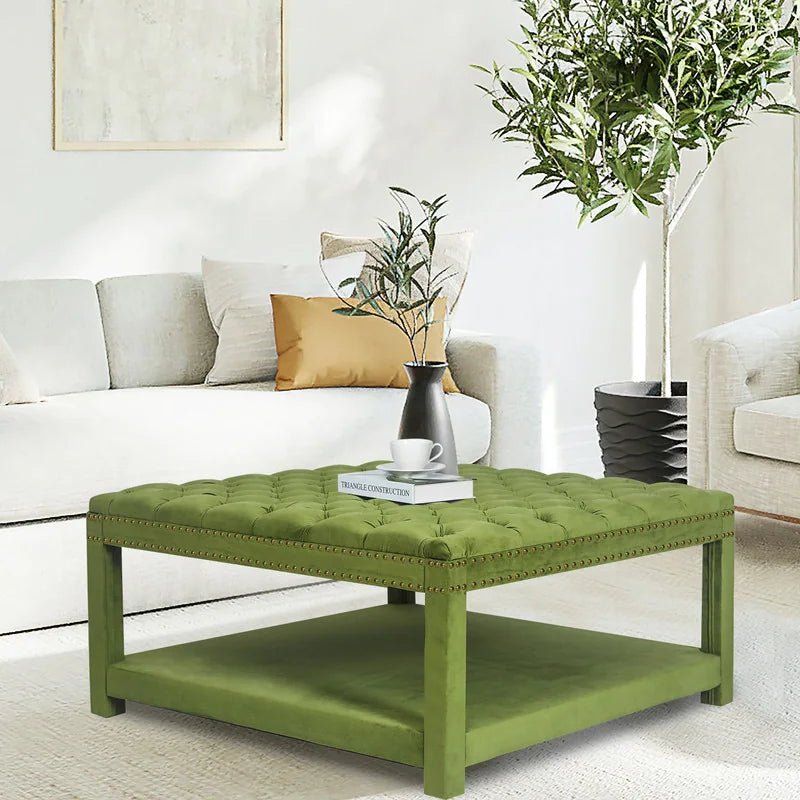 Adeco Large Square Velvet Ottoman Coffee Table Footstool Footrest-GREEN