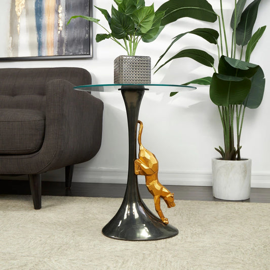 Black Aluminum Metal Leopard Accent Table with Gold Leopard Accent and Tempered Glass Top