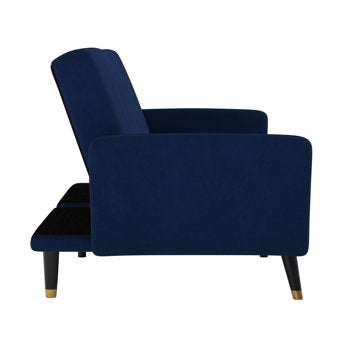 Convertible Split Back Futon Sofa Sleeper with Wooden Legs- Blue Velvet