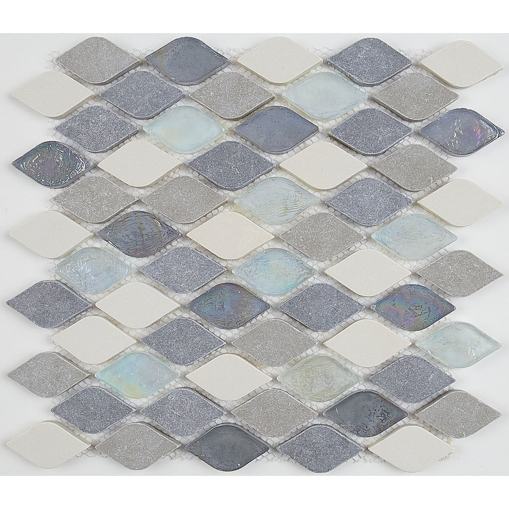 Decorative Accent Rain Drop Stone and Glass Mosaic Tile in Gris et Blanc -(includes 10 tiles)