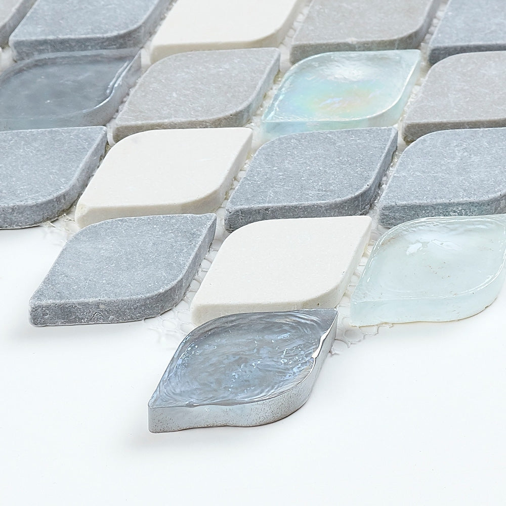 Decorative Accent Rain Drop Stone and Glass Mosaic Tile in Gris et Blanc -(includes 10 tiles)