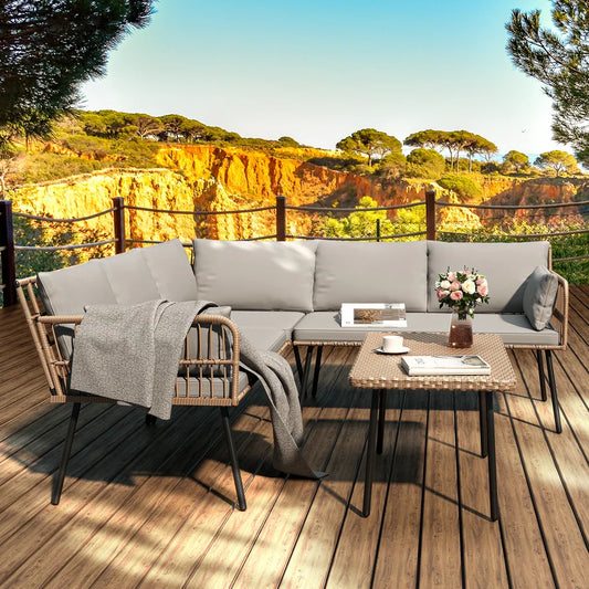 Fernald Wicker 4PCS Patio Furniture Set Outdoor Rattan Conversation Sectional L-Shaped Sofa 5 Seater Grey