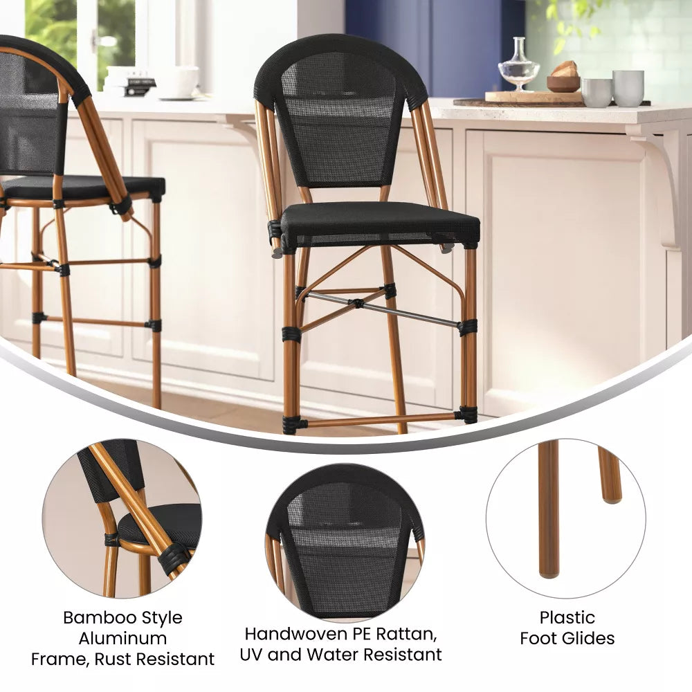 Marseille 30" Outdoor French Bistro Barstool - Black/ Brown, set of 2