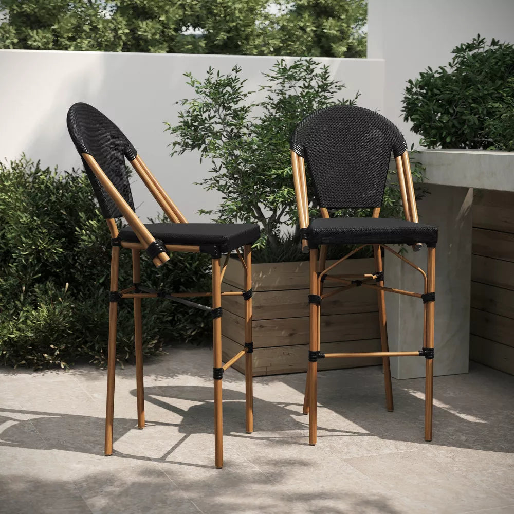 Marseille 30" Outdoor French Bistro Barstool - Black/ Brown, set of 2