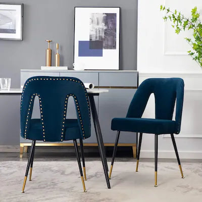 Velvet Modern Dining Chairs Set of 2, Upholstered Dining Side Chairs with Metal Legs, Nailhead Trim, Modern Dining Chairs - Blue