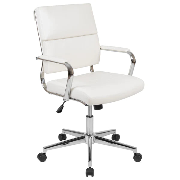 Hansel Mid-Back Faux Leather Contemporary Panel Executive Swivel Office Chair - White/Chrome