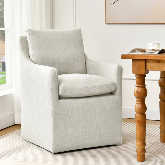 Upholstered Swiveling Rolling Linen Dining Chair - Single - Armrest-Cream
