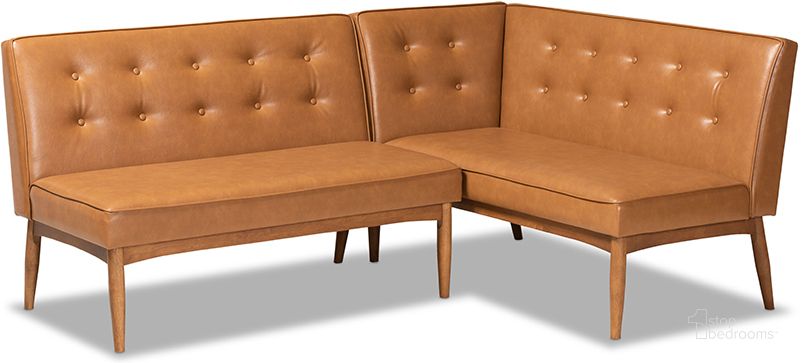 Baxton Studio Arvid Mid-Century Modern Tan Faux Leather Upholstered and Walnut Brown Finished Wood 2-Piece Dining Corner Sofa Bench
