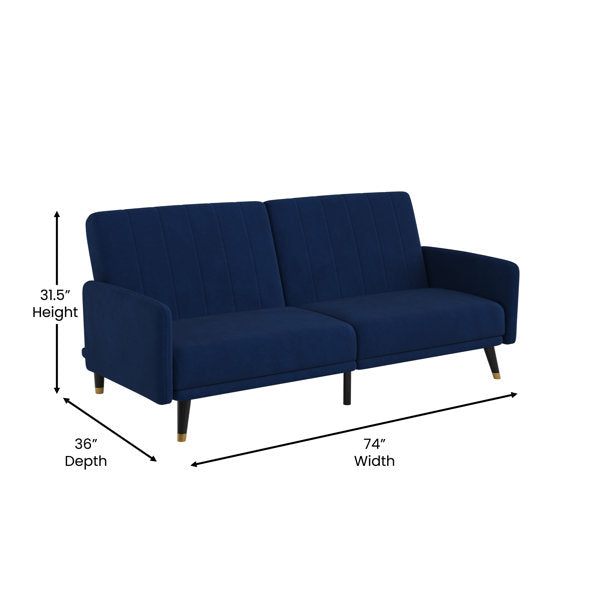 Convertible Split Back Futon Sofa Sleeper with Wooden Legs- Blue Velvet