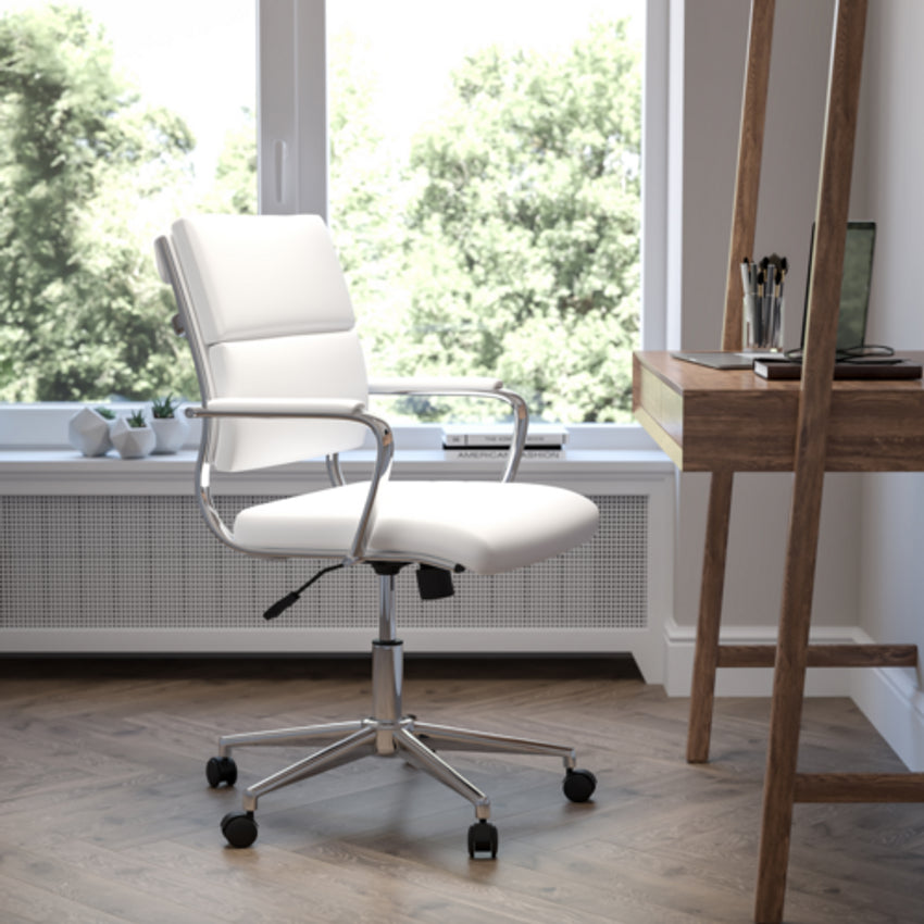 Hansel Mid-Back Faux Leather Contemporary Panel Executive Swivel Office Chair - White/Chrome