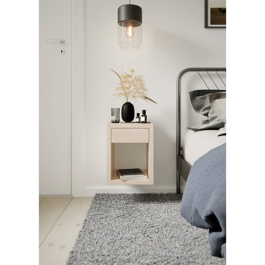 White Floating Solid Birch Wood Nightstand with a Drawer