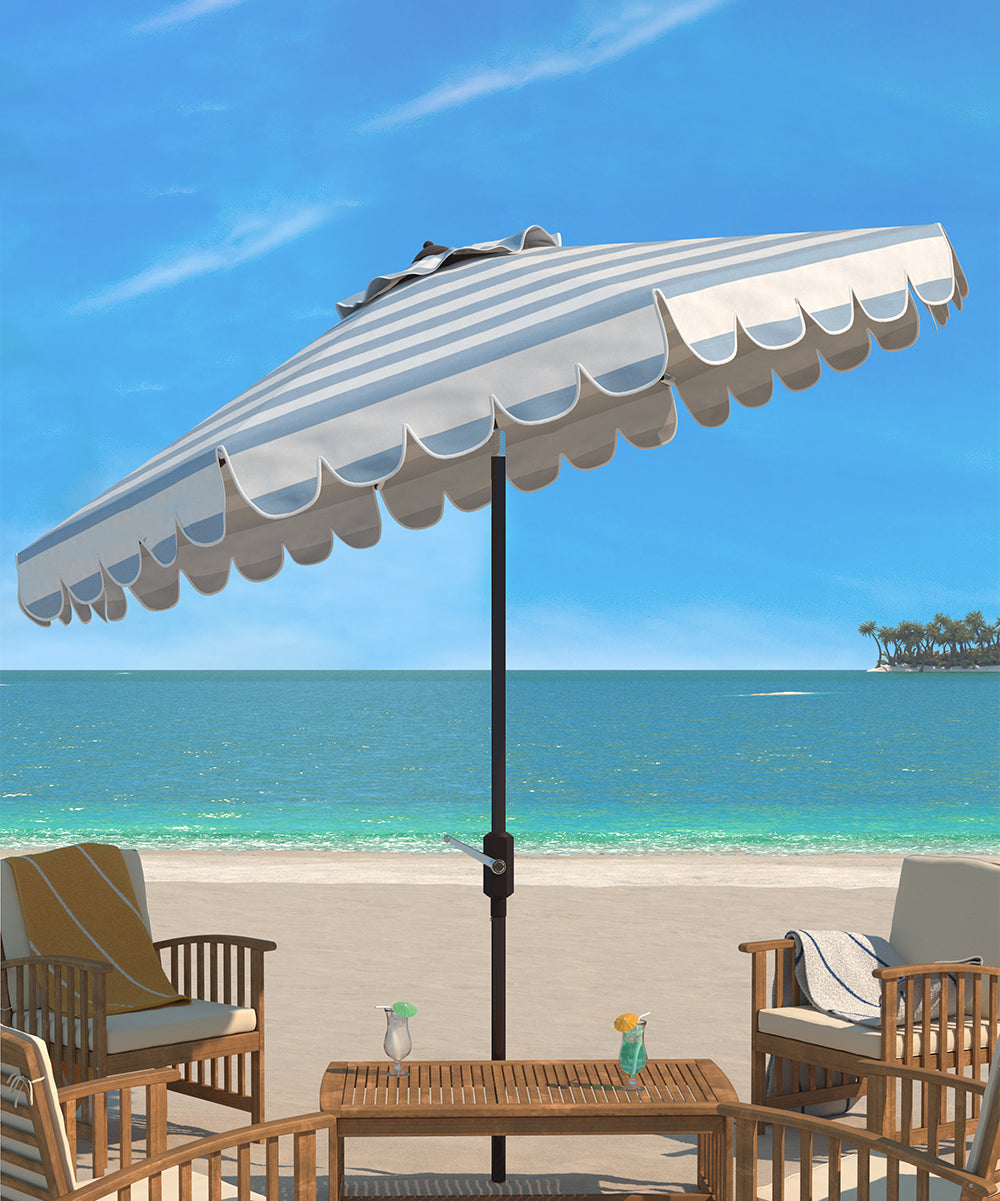 SAFAVIEH Maui Single Scallop Striped 9 Ft Crank Umbrella - Baby Blue/White