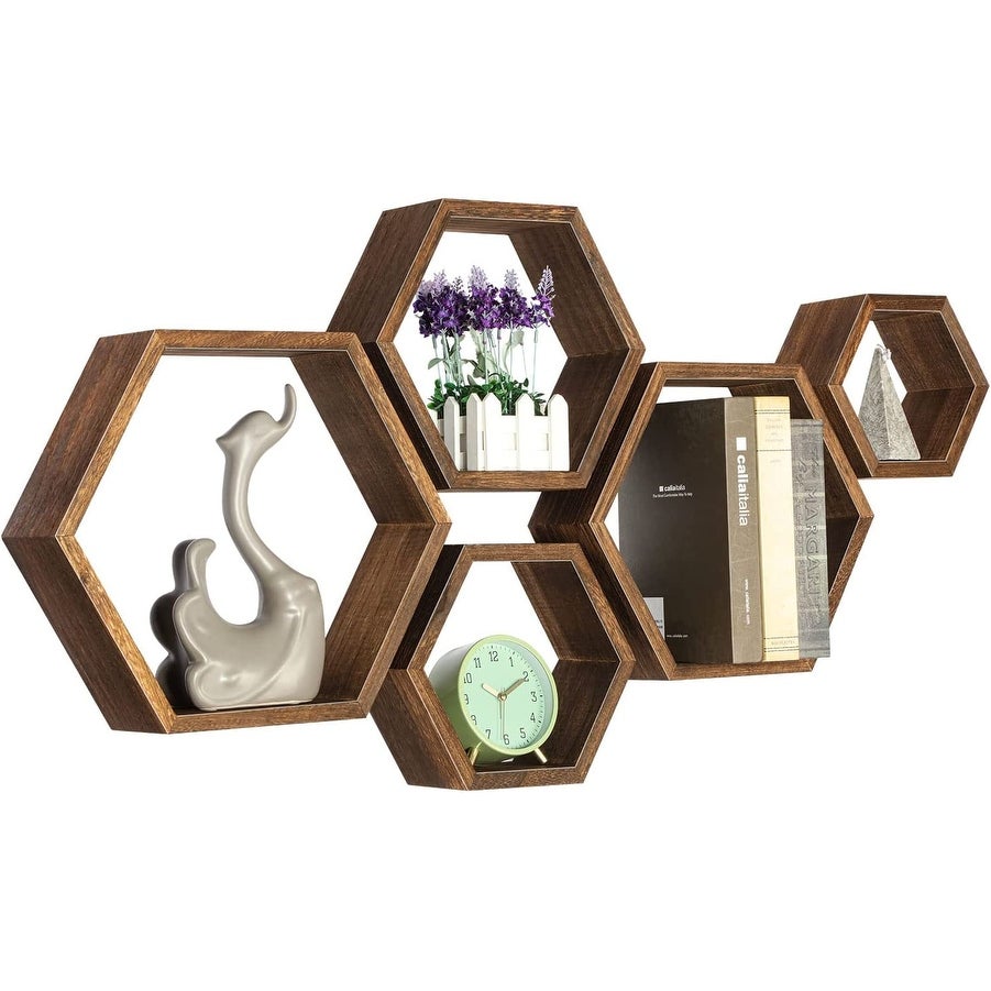 Overstock Wall Mounted Hexagon Floating Shelves 5 PCS Brown Upscale